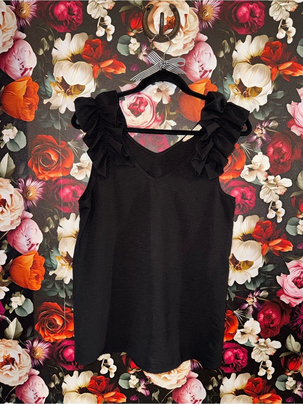 Francesca's Collections Black Ruffle Shoulder V-Neck Blouse, Medium